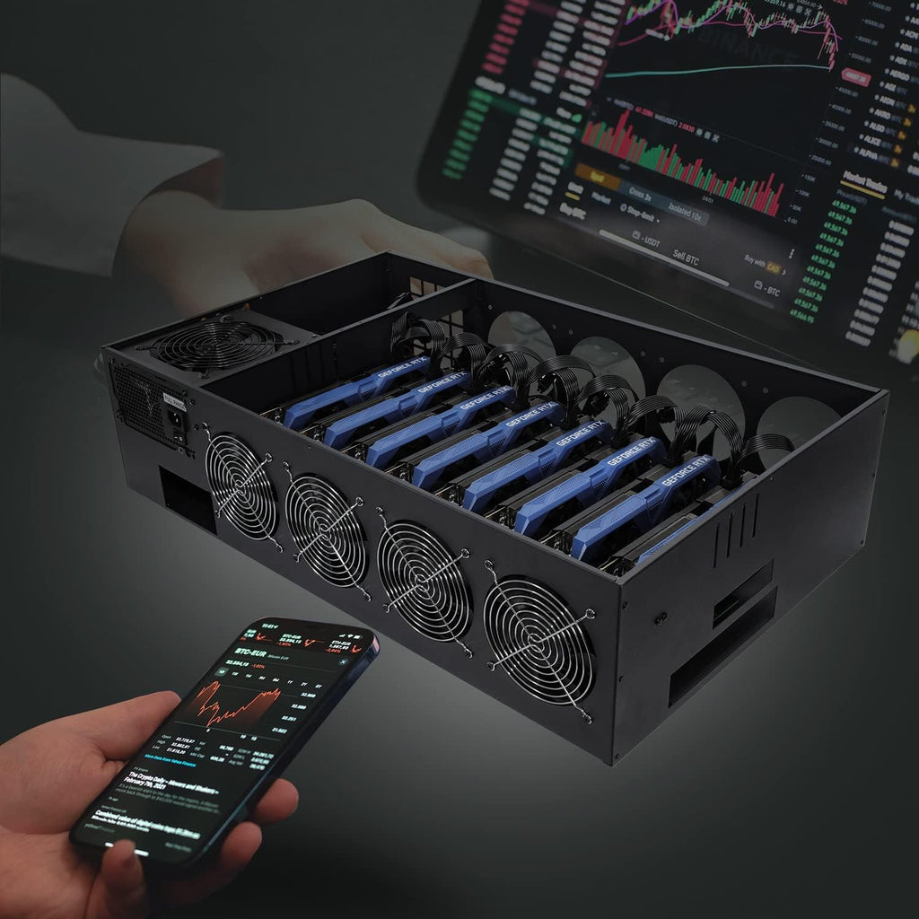 8 Ports GPU Mining Frame Case with 4 Cooling Fans Black A6328