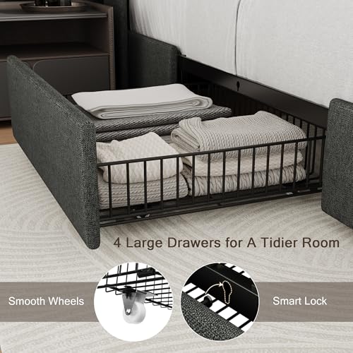 Black Queen Upholstered Platform Bed Frame with 4 Storage Drawers R674
