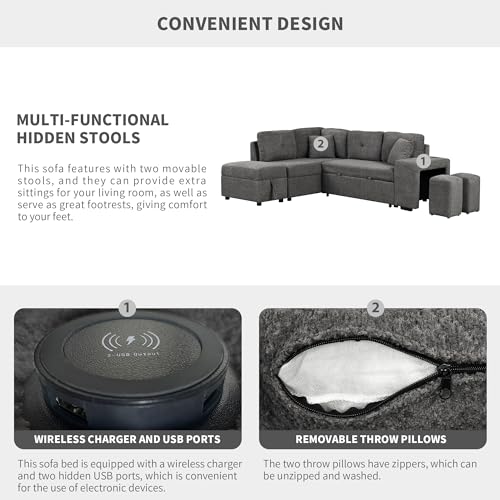 Cream Chenille L Shape Sleeper Sofa with Storage Ottoman and 2 Stools C8770