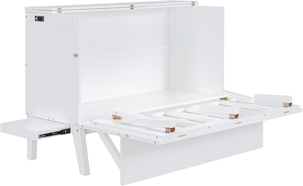 White Queen Wooden Murphy Bed with Desk Board and Removable Shelves V454