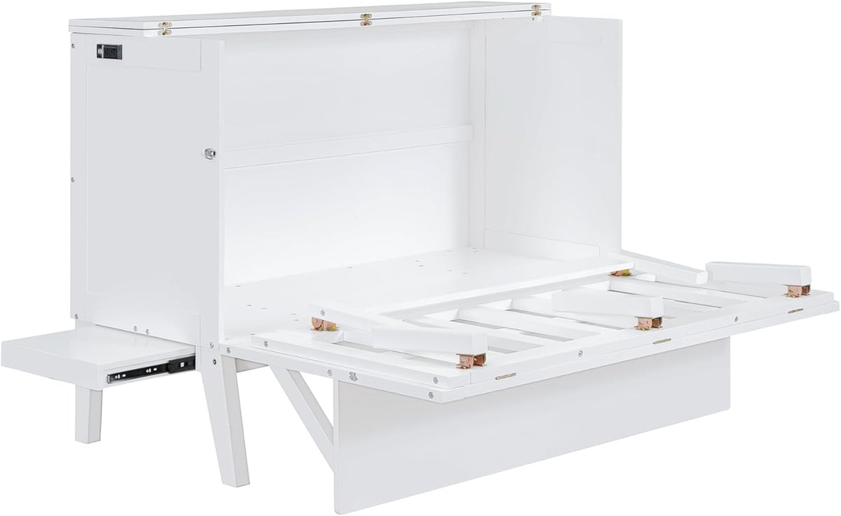 White Queen Wooden Murphy Bed with Desk Board and Removable Shelves V454