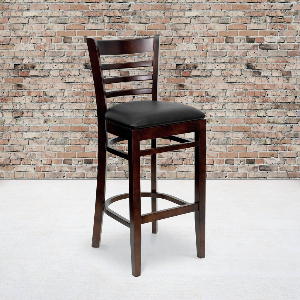 2 Pack Vertical Slat Back Wooden Barstool Black Vinyl Seat F7522