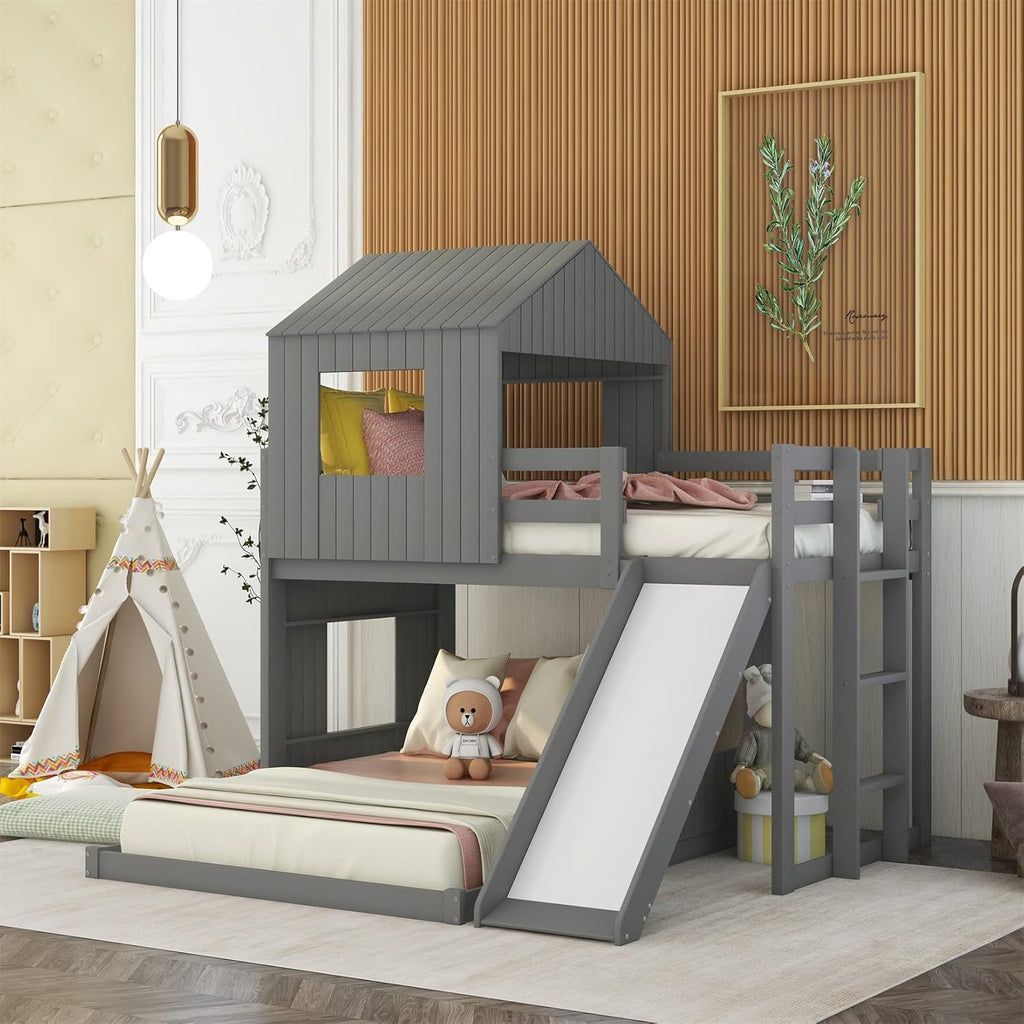 White Twin Over Twin Wood Bunk Bed with Slide and Storage Staircase O469582