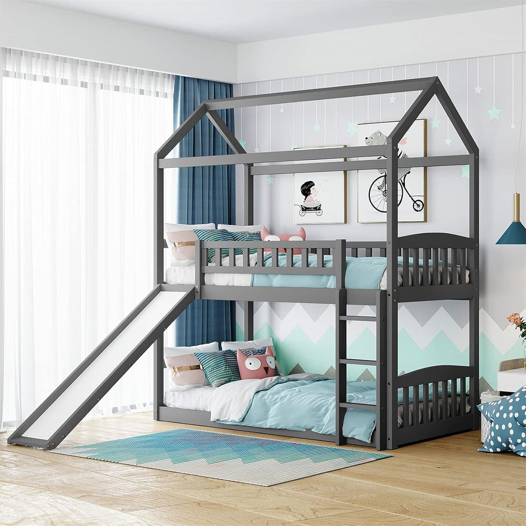 White Twin Over Twin Wood Bunk Bed with Slide and Storage Staircase O469582