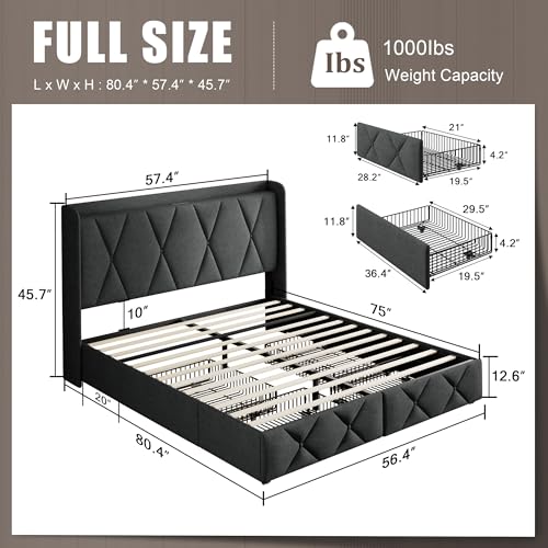 Black Queen Upholstered Platform Bed Frame with 4 Storage Drawers R674