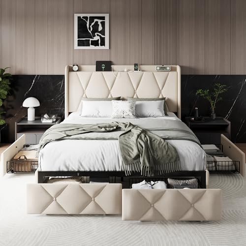 Black Queen Upholstered Platform Bed Frame with 4 Storage Drawers R674