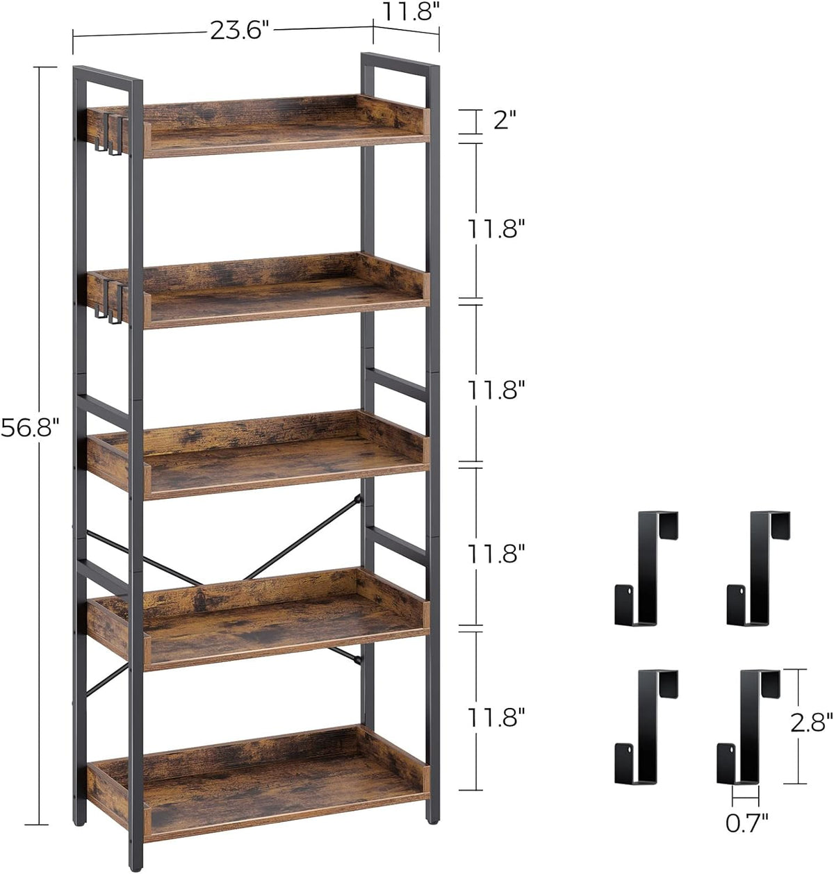5 Tier Wood Bookshelf with 4 Hooks D48375