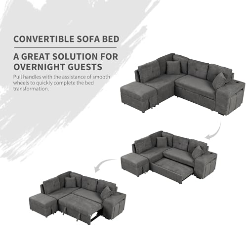 Cream Chenille L Shape Sleeper Sofa with Storage Ottoman and 2 Stools C8770