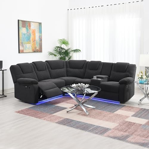 94'' L-Shaped Velvet Reclining Sectional Couch with LED Light and Storage Box Y18704