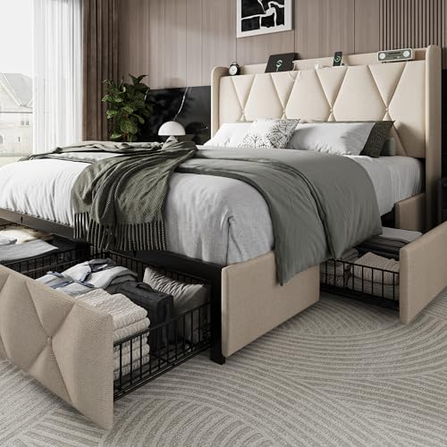 Black Queen Upholstered Platform Bed Frame with 4 Storage Drawers R674