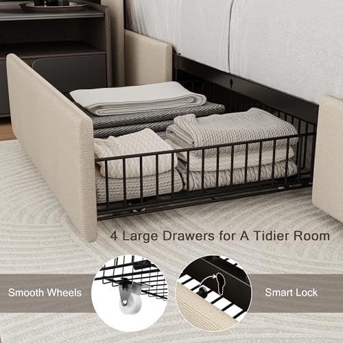 Black Queen Upholstered Platform Bed Frame with 4 Storage Drawers R674