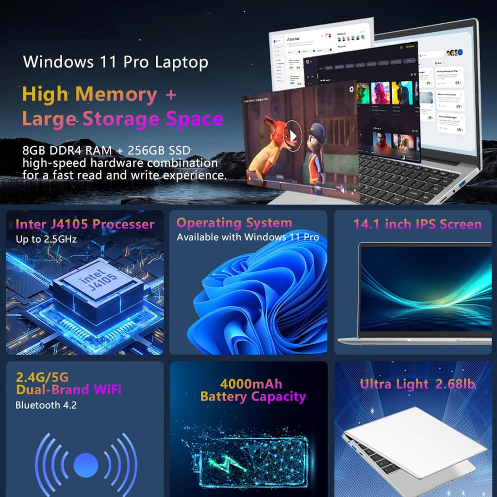 14.1 inch 1080P FHD Laptop Computer with 8GB DDR4 256GB SSD Quad-Core Intel Celeron J4105 B20169