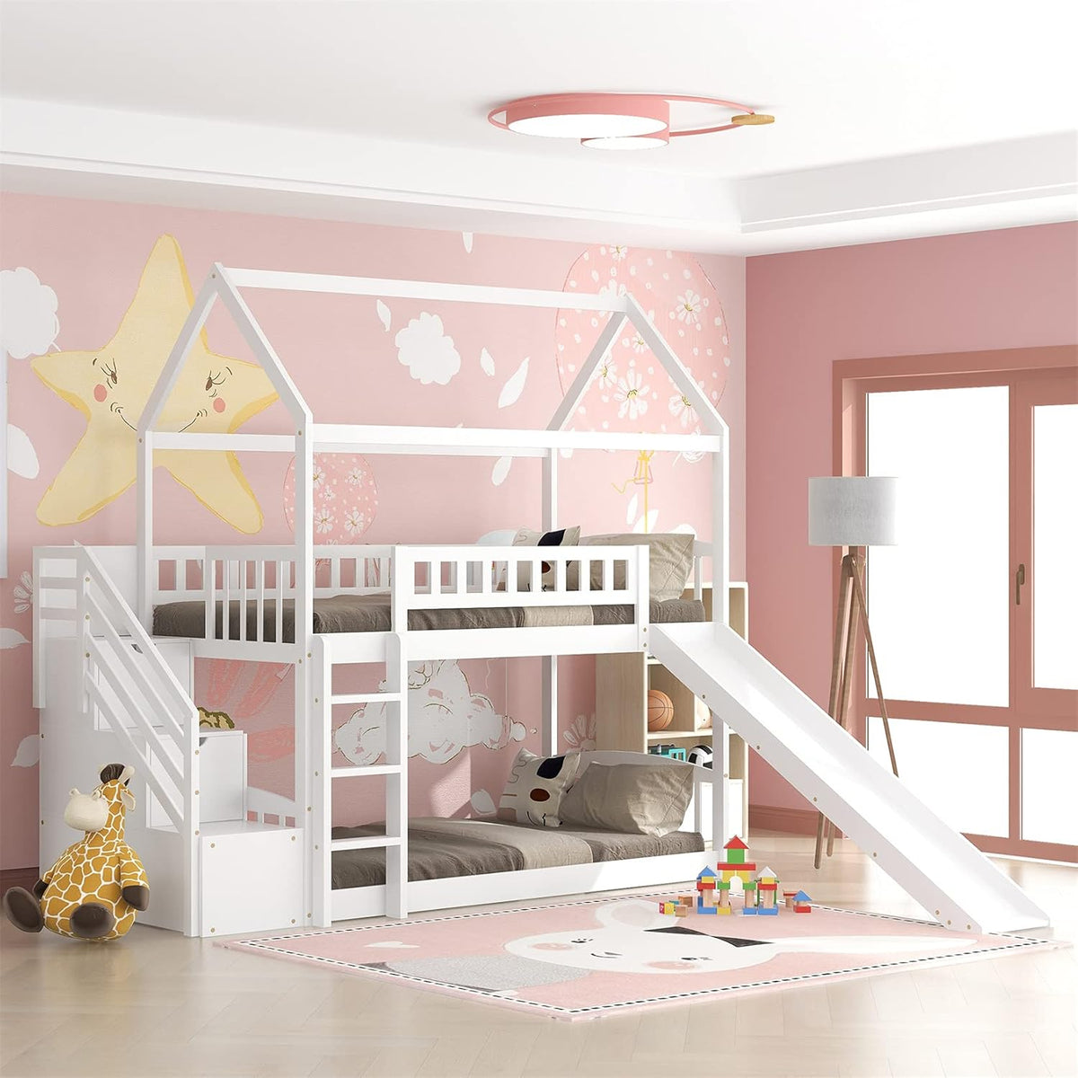 White Twin Over Twin Wood Bunk Bed with Slide and Storage Staircase O469582