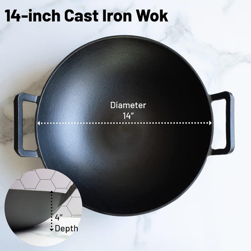 14 inch Cast Iron Wok with Flat Base and Handles H740