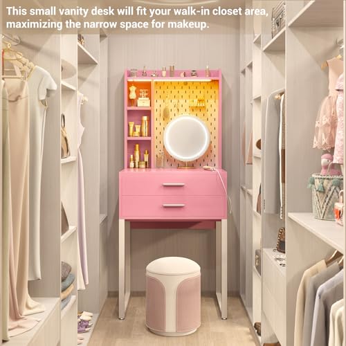 Pink Vanity Desk with Hutch and Drawers and LED Lights S877476
