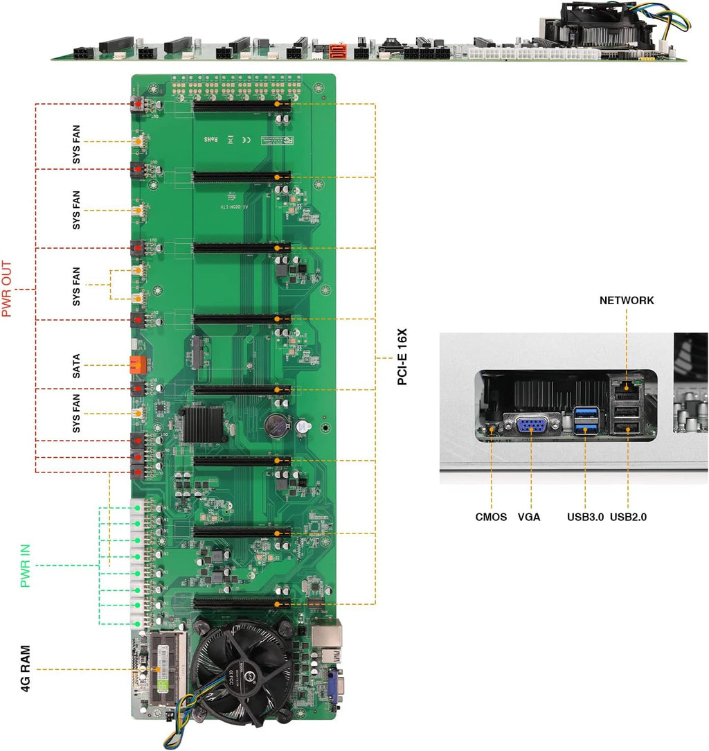 8 Ports GPU Mining Frame Case with 4 Cooling Fans Black A6328