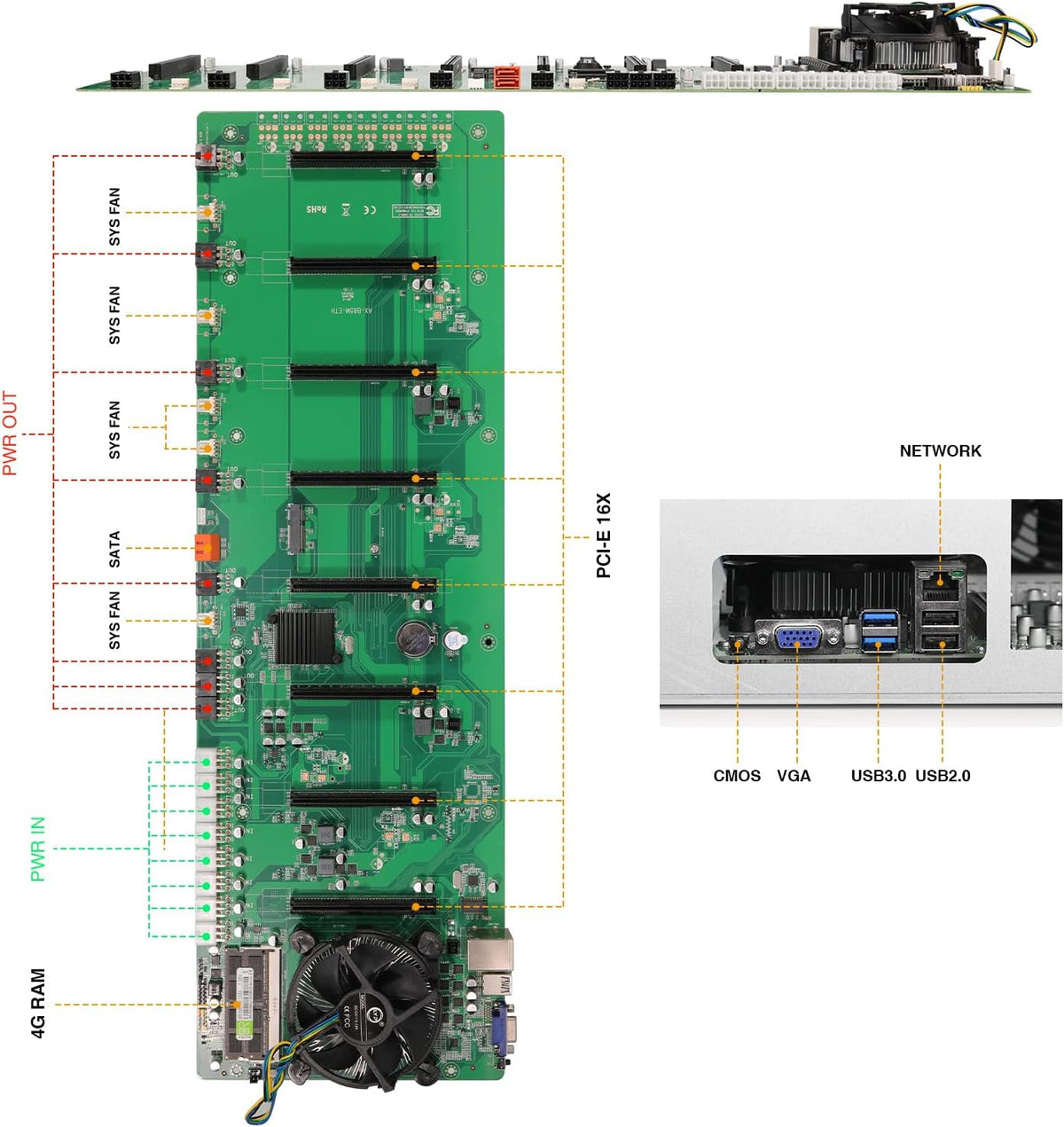 8 Ports GPU Mining Frame Case with 4 Cooling Fans Black A6328