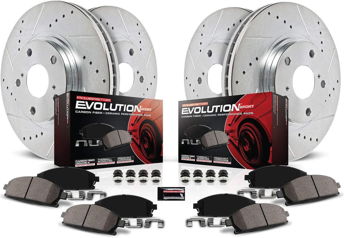 Front and Rear Carbon Fiber Brake Pads with Drilled & Slotted Brake Rotors Kit B75037