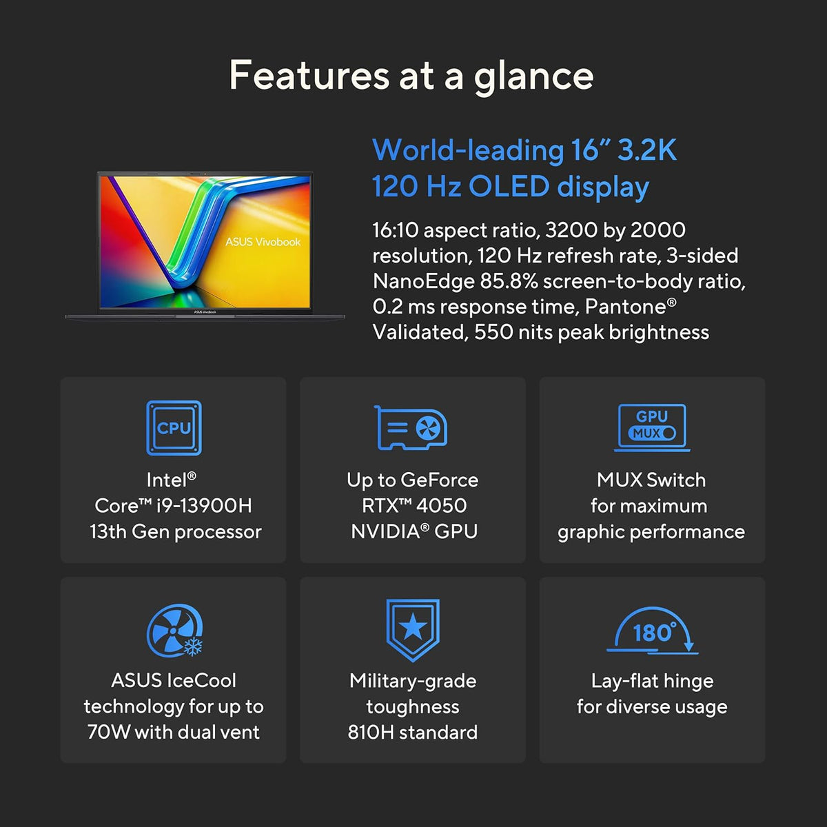 16” 3.2K 120Hz OLED Laptop, Intel Core i9-13900H, RTX 4050, 16GB RAM, 1TB SSD, Windows 11 Home, Indie Black Z654