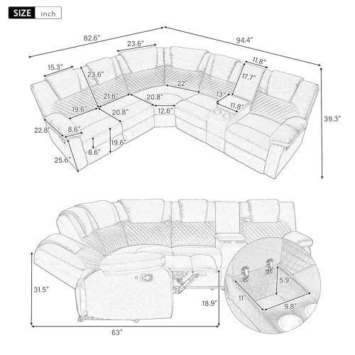 94'' L-Shaped Velvet Reclining Sectional Couch with LED Light and Storage Box Y18704