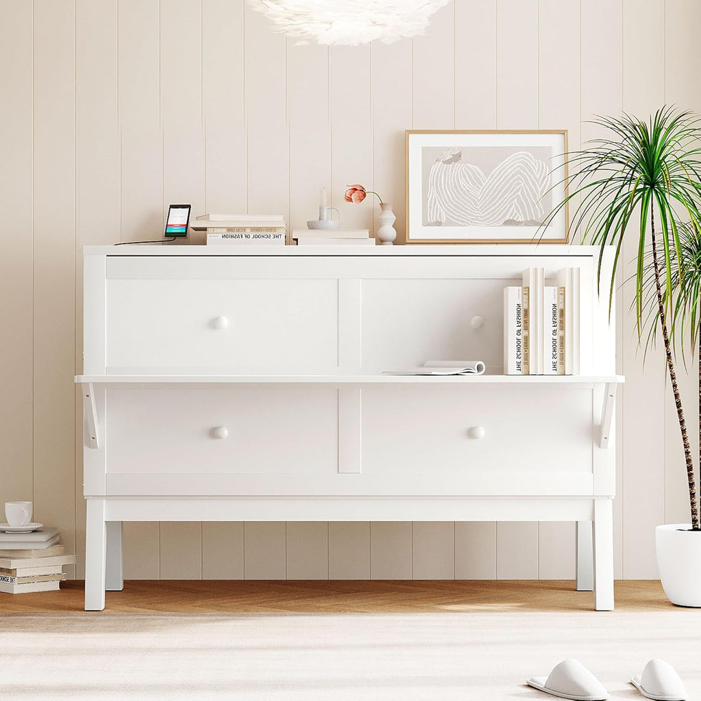 White Queen Wooden Murphy Bed with Desk Board and Removable Shelves V454