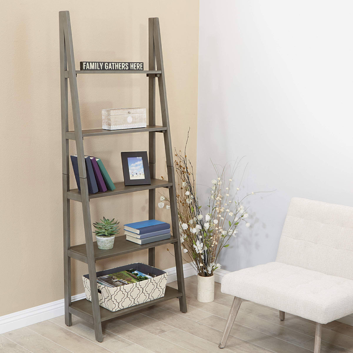 Grey Wash Ladder Bookcase S758