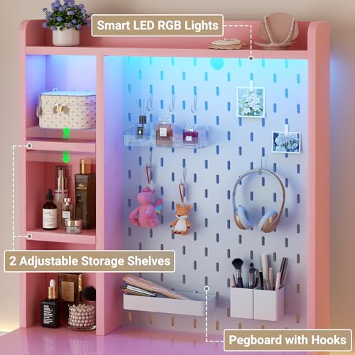 Pink Vanity Desk with Hutch and Drawers and LED Lights S877476