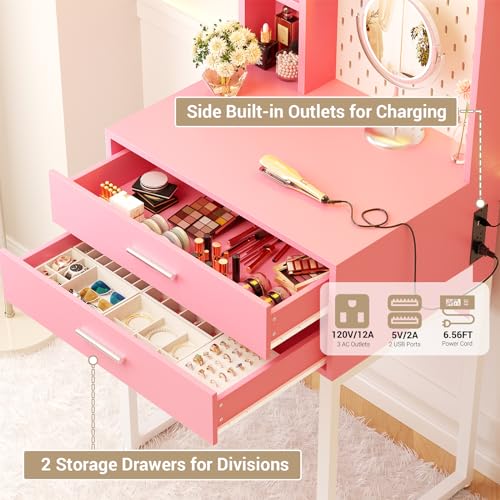 Pink Vanity Desk with Hutch and Drawers and LED Lights S877476