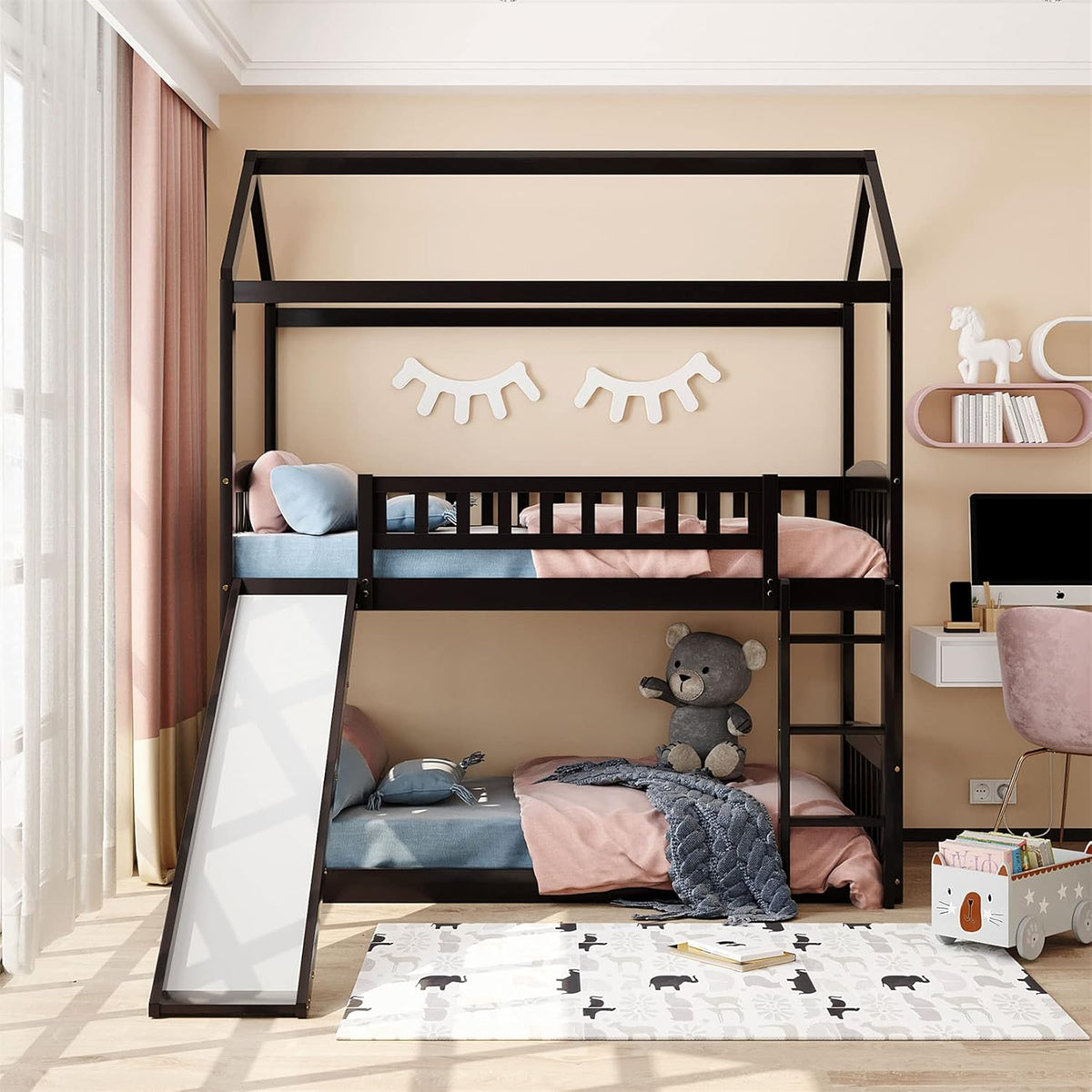 White Twin Over Twin Wood Bunk Bed with Slide and Storage Staircase O469582