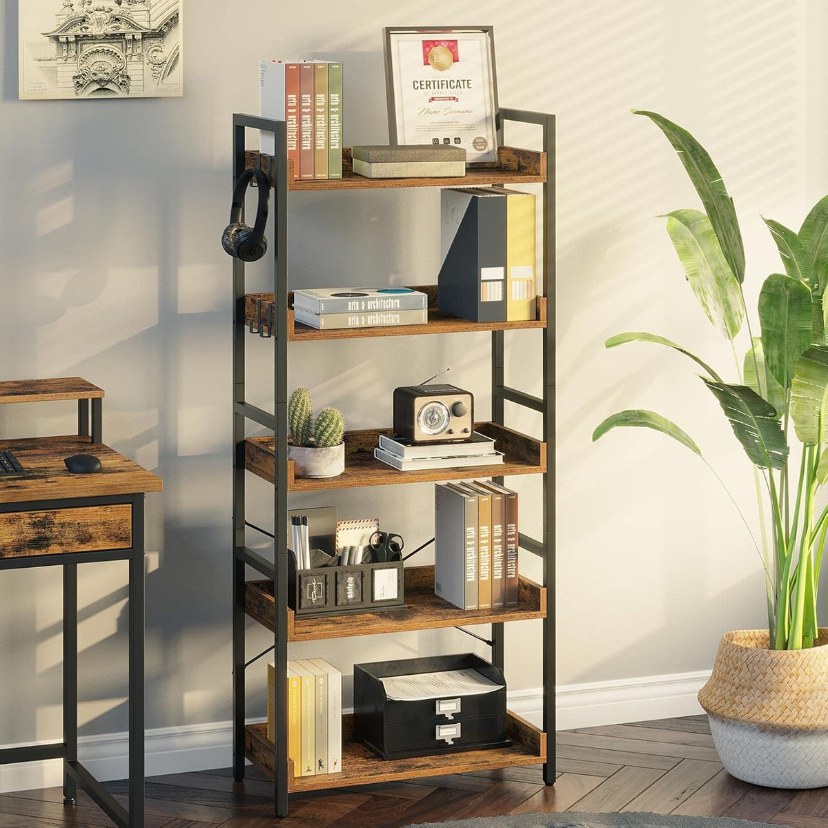 5 Tier Wood Bookshelf with 4 Hooks D48375