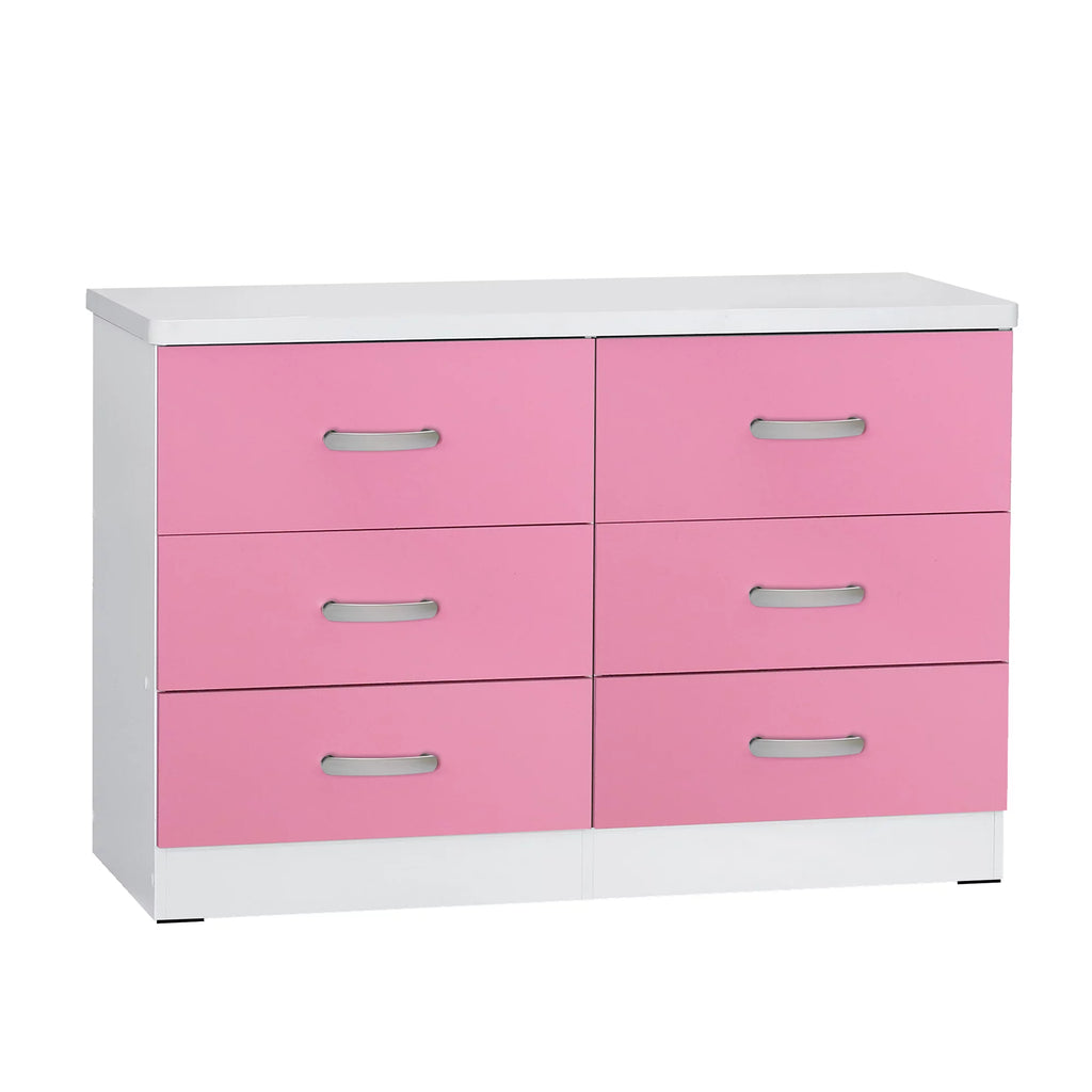 White & Pink 6 Drawer Wooden Double Dresser U1006