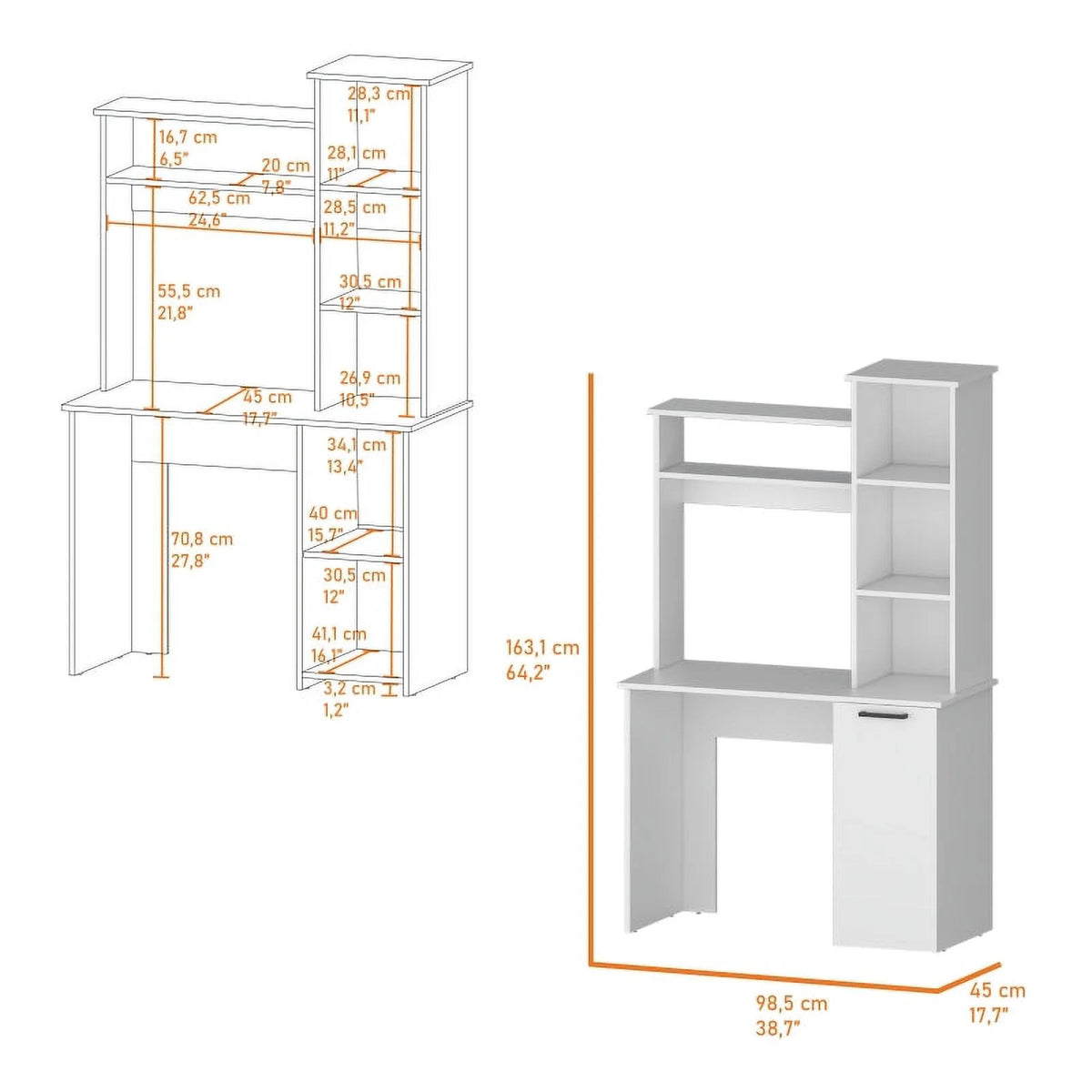 2-Piece Set with Computer Desk and Wood Bookcase in White W943