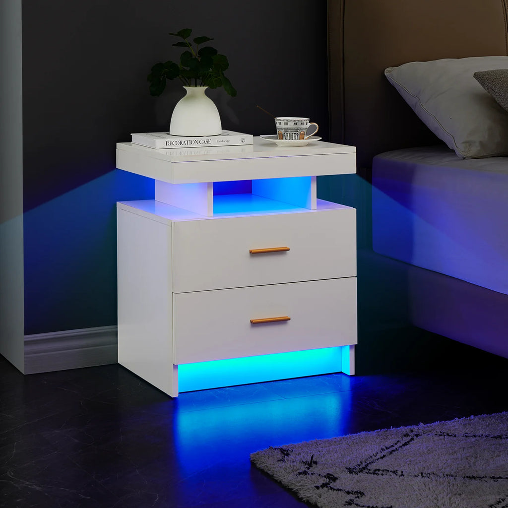 Black 2 Drawer LED Nightstand with Wireless Charging Station P802