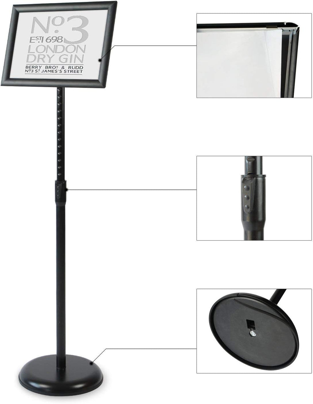 Heavy Duty Adjustable Aluminum Floor Standing Sign Holder, Black H195