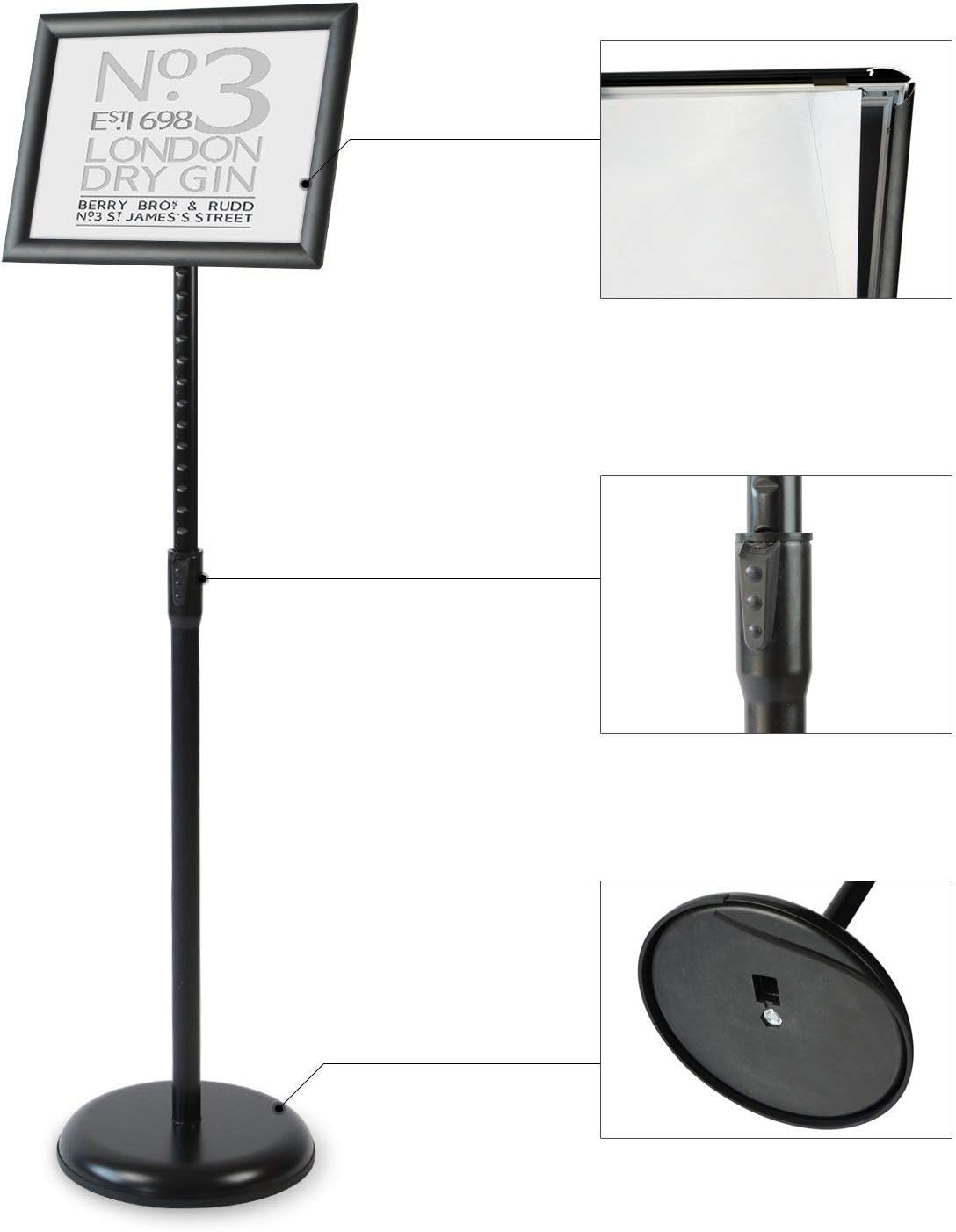 Heavy Duty Adjustable Aluminum Floor Standing Sign Holder, Black H195
