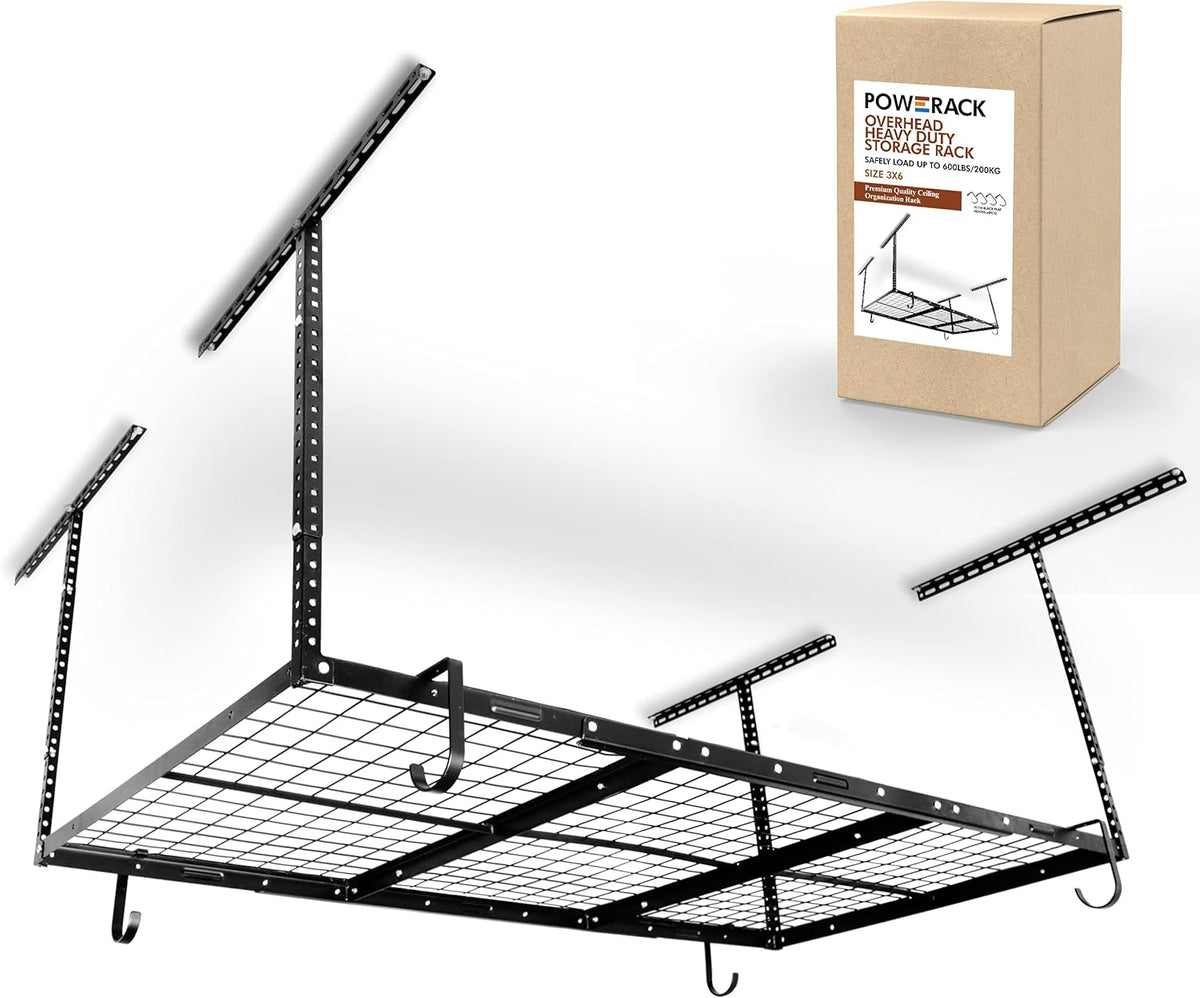 Overhead Garage Shelving Storage Rack, Adjustable 3’ x 6’, Heavy Duty Mounted Storage Shelves with 4 Flat Hooks Q127641