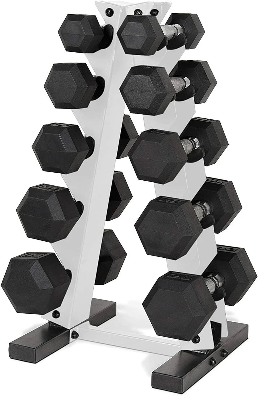 5-25 Lb. Rubber Coated Hex Dumbbell Set with Storage Rack N57976