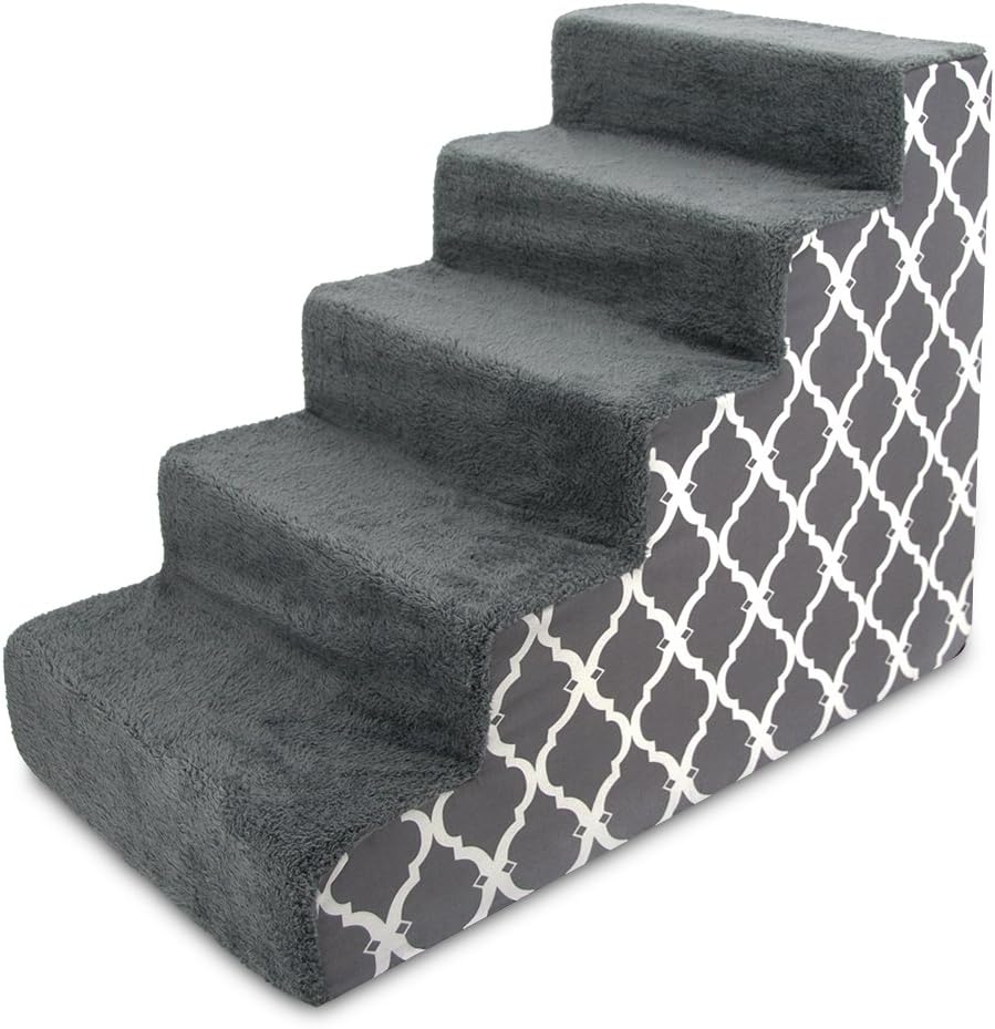 Gray Lattice Print 5-Step Pet Steps and Stairs with Foam, Pack of 2 T64645