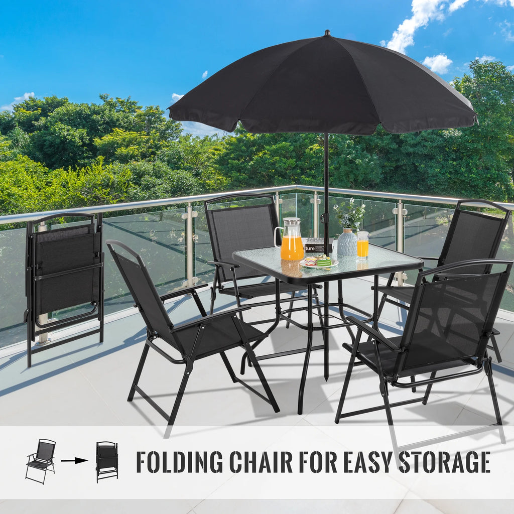 6 Piece Folding Outdoor Dining Set for 4 with Umbrella, Black P683514