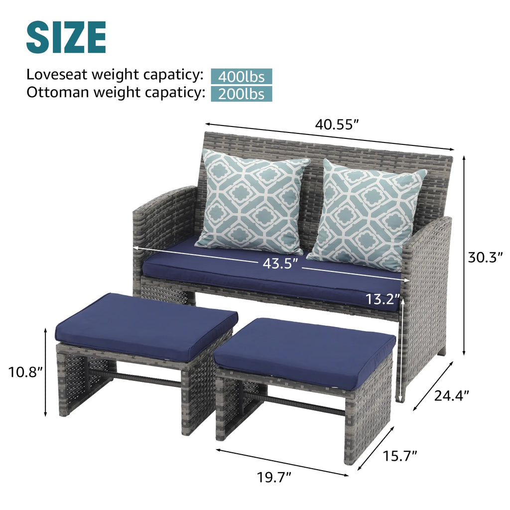 Grey Wicker Outdoor Loveseat with Ottoman and Pillows S747