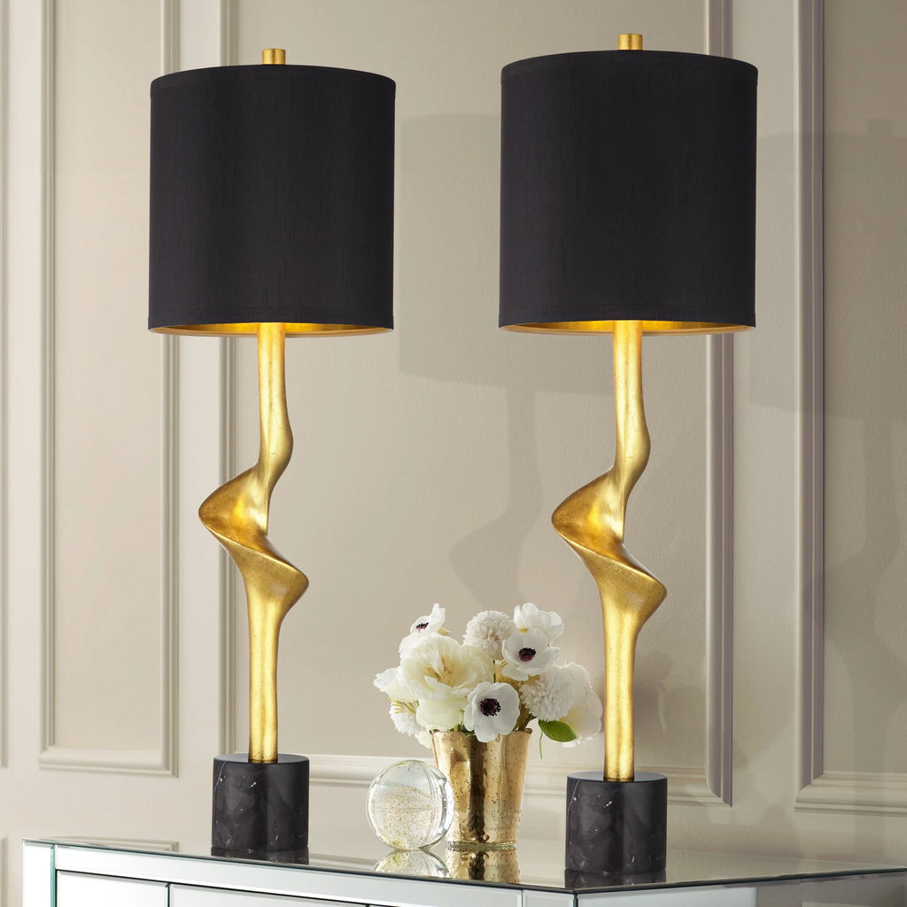 32" Tall Modern End Table Lamps Set of 2 Gold Leaf Black Shade X2645