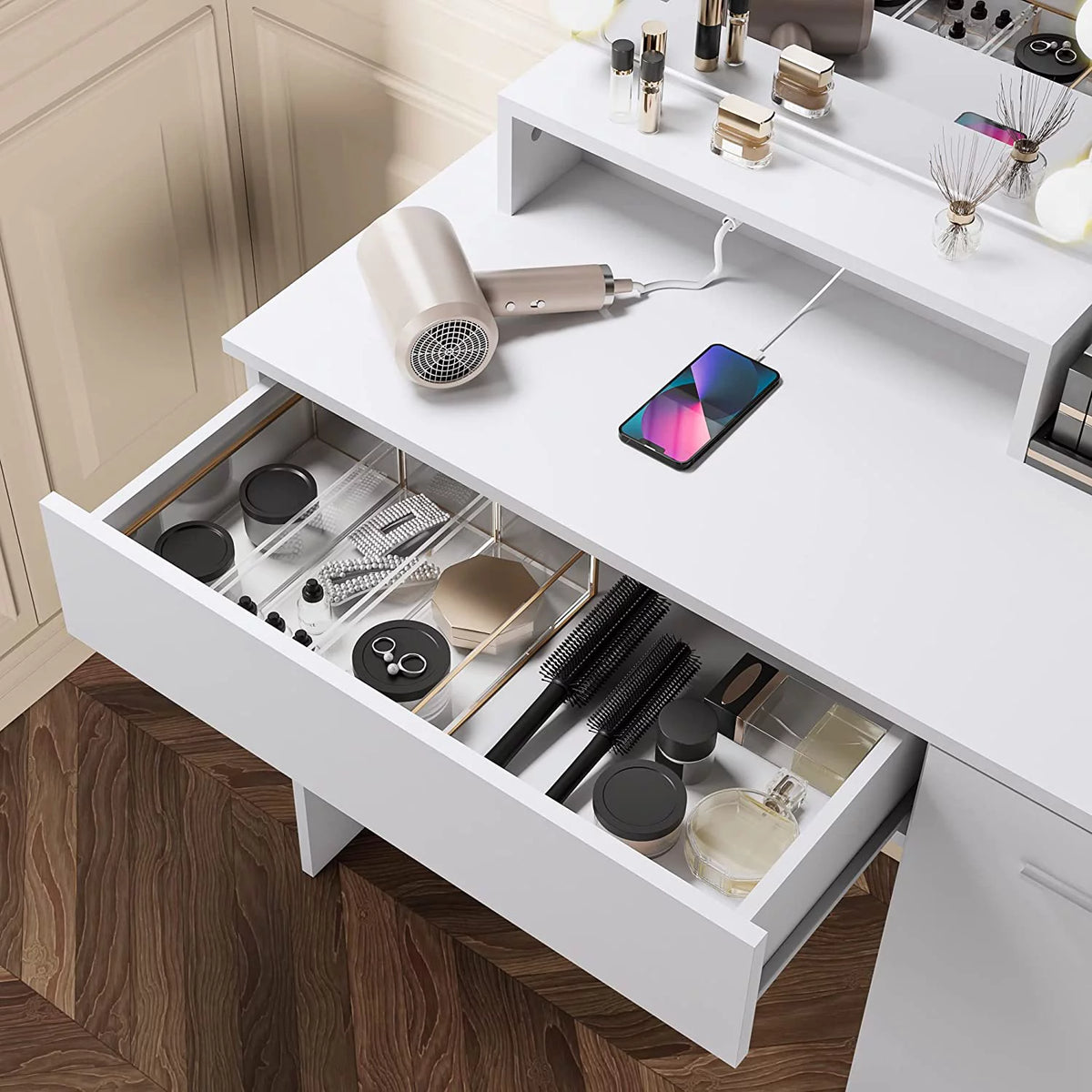 White Vanity Desk with Charging Station and Drawer O18241