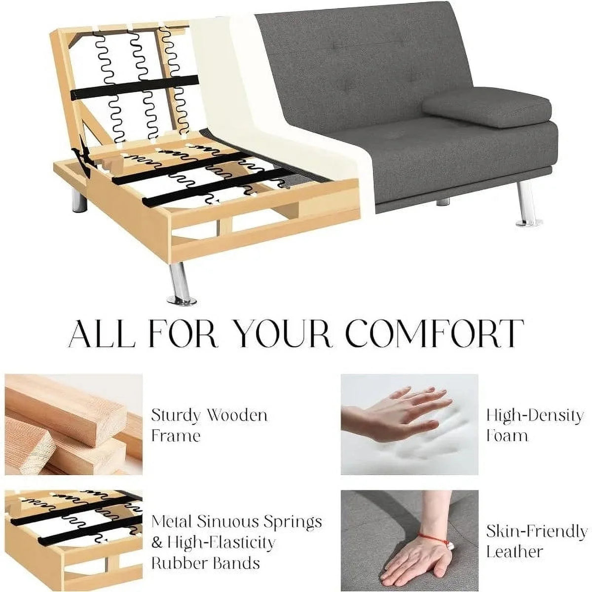 Linen Fabric Futon Sofa Bed with 2 Cup Holders and Pillows J555