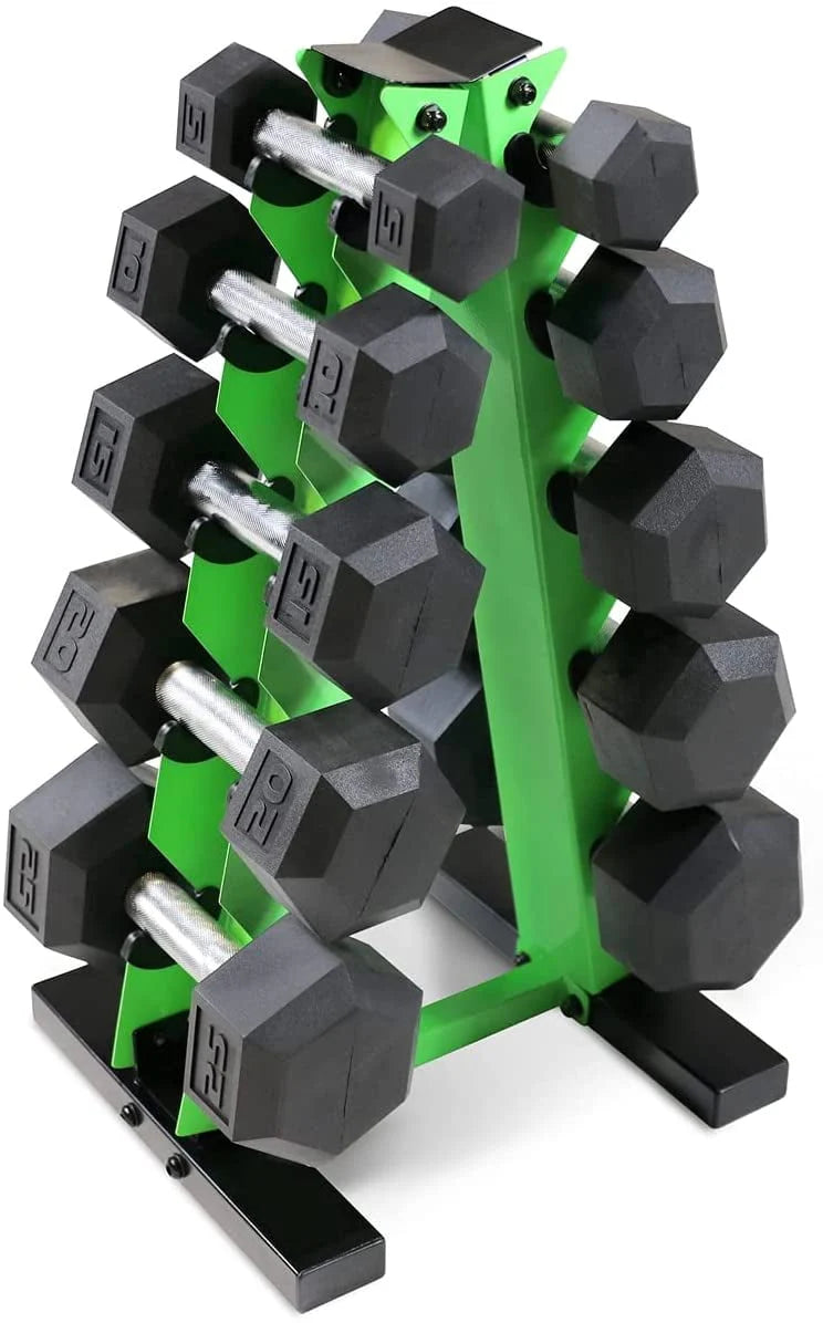 5-25 Lb. Rubber Coated Hex Dumbbell Set with Storage Rack N57976
