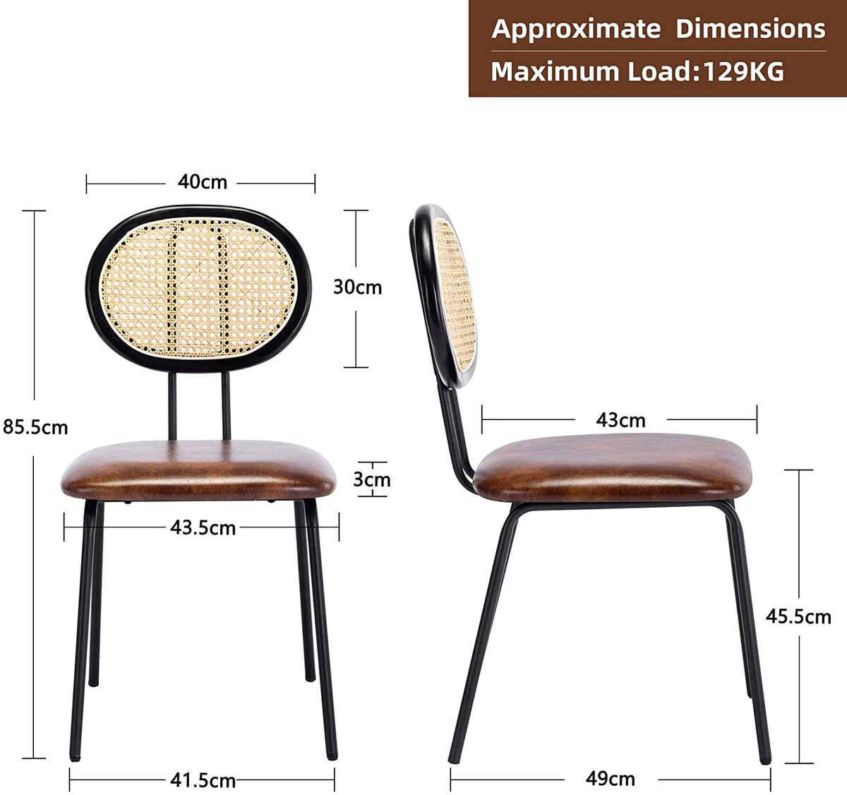 Brown Faux Leather Dining Chairs with Rattan Back and Metal Legs J457641
