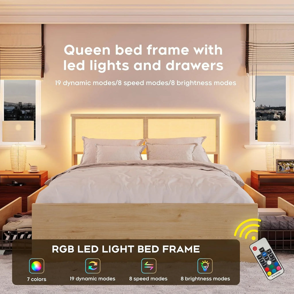 Natural Rattan Queen Bed Frame with Wooden Headboard and 4 Storage Drawers K2078