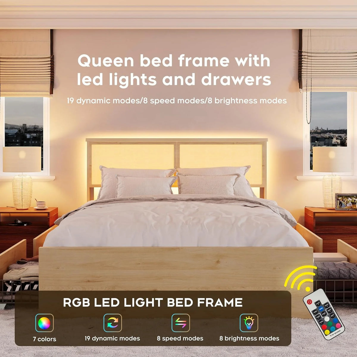 Natural Rattan Queen Bed Frame with Wooden Headboard and 4 Storage Drawers K2078
