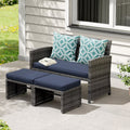 Grey Wicker Outdoor Loveseat with Ottoman and Pillows S747