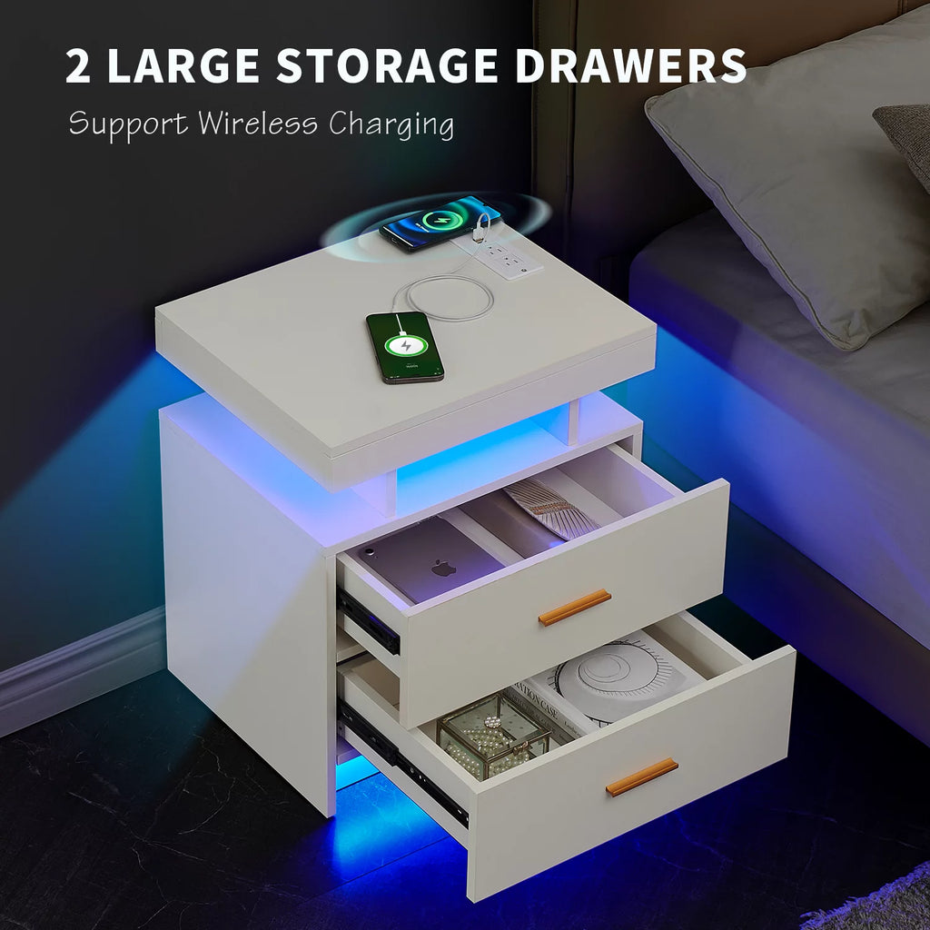 Black 2 Drawer LED Nightstand with Wireless Charging Station P802