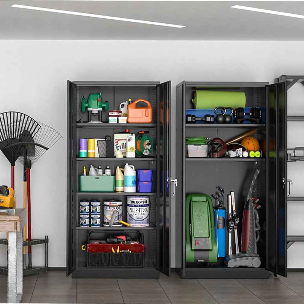 71 In Black Metal Storage Cabinet with Locking Doors and Adjustable Shelves M9855